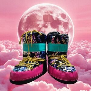 Sequin Moon Boots with Pink and Teal Accents